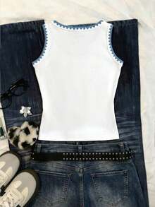 Camiseta de tirantes con cuello redondo, estampado de flores de cerezo y recorte de concha para mujer - Multicolor 6 - Ver 2