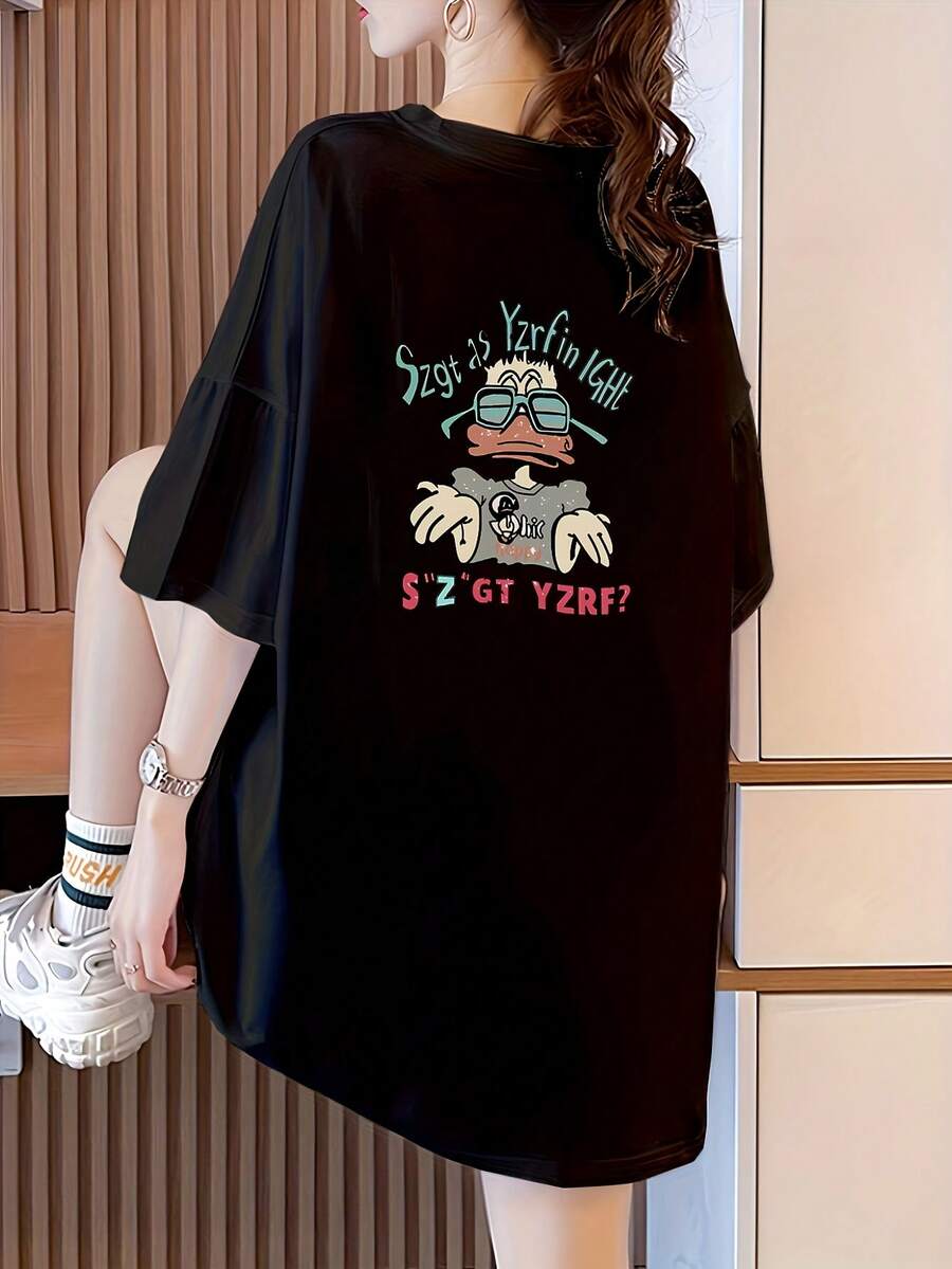 Plus Size, Special For Japan And Korea: Women's Plus Size Short Sleeve T-Shirt, New Spring/Summer Style, Korean Style Loose Fit, Solid Color, Versatile And Simple Top, Fashionable And Everyday Women's Top, Solid Color T-Shirt For Women - 黑色 - 查看 1
