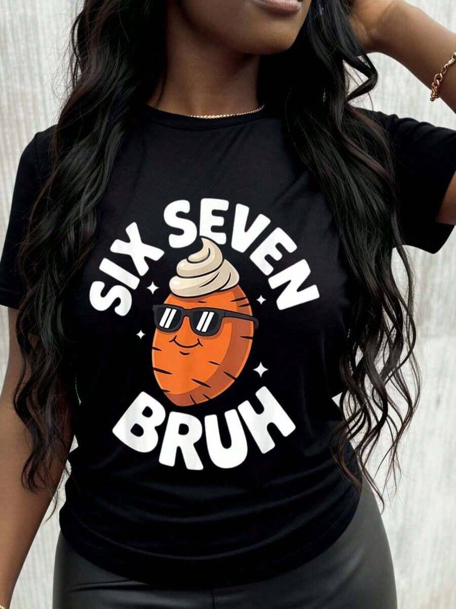 Six Seven Bruh Carrot T-Shirt With Sunglasses And Whipped Cream, Funny Casual Graphic T-Shirt For Women - 黑色 - 查看 1