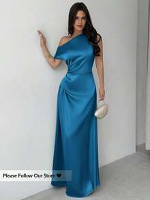 Vestido elegante asimétrico de hombro con pliegues y bajo de cola de sirena en color verde, adecuado para citas, vacaciones, bodas, eventos, regreso a la escuela, graduación, vestido de dama de honor formal, vestidos elegantes para mujer - Agua verde azul - Ver 8