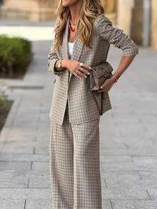 Conjunto de traje a cuadros ligero para mujer, chaqueta y pantalón de pierna ancha a medida, elegante y de moda, conjunto de 2 piezas para oficina en primavera - Café integral - Ver 3