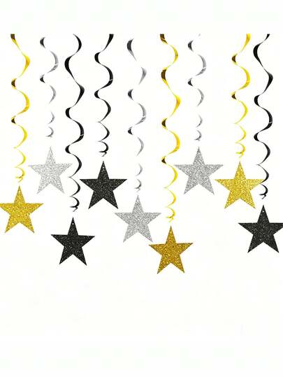 Black & Gold Party Decorations / Black & Gold Graduation Ceremony Decorations, Including Gold Stars, Black & Gold Spirals, Black & Silver Star Spirals, Suitable For Ceremony Decor, Hanging Decorations, Parties, Certificate Display, Star Decor, And Room Decor