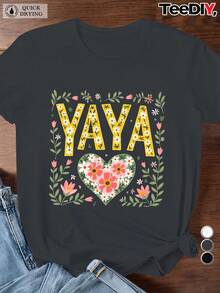 YAYA Women's Short Sleeve Sports T-Shirt With Floral Heart Print | Round Neck, Slightly Stretchy Fabric, Casual Style, Suitable For All Seasons. A Very Distinctive Printed T-Shirt / Unisex Style / Suitable For Both Men And Women / Wrinkle-Resistant / Breathable - 黑色 - 查看 7