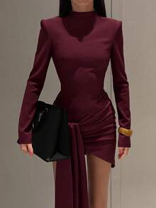 1 pieza Elegante vestido midi de cuello alto con volantes y drapeado de tela de punto de unicolor, adecuado para fiesta, cumpleaños, cena formal, cita, primavera, festival, vestido elegante de mujer, boda, Día de la Madre, de moda, color borgoña - Burdeos - Ver 1