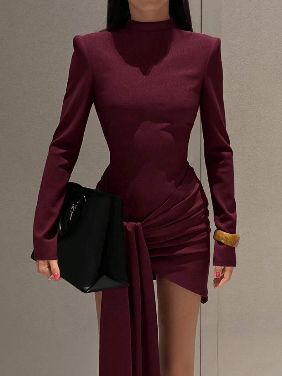 1 pieza Elegante vestido midi de cuello alto con volantes y drapeado de tela de punto de unicolor, adecuado para fiesta, cumpleaños, cena formal, cita, primavera, festival, vestido elegante de mujer, boda, Día de la Madre, de moda, color borgoña - Burdeos - Ver 1