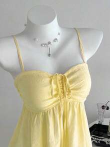 Camiseta de tirantes con volantes de unicolor lindo para damas, ropa de verano para la universidad - Amarillo 2 - Ver 6