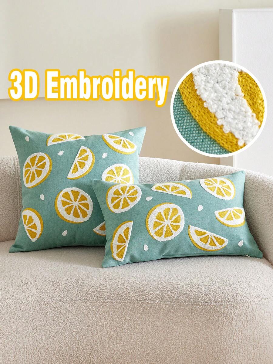 1 Stück 3D bestickter Zierkissenbezug mit Zitrone, mintgrüner Leinenkissenbezug, nordischer Sommer-Frucht Kissenbezug, maschinenwaschbar, verblassungsresistent, geeignet für Wohnzimmer, Schlafzimmer, Outdoor, Café, verschiedene Größen erhältlich (Kissenfüllung nicht enthalten)
