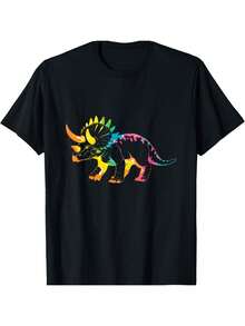 Tie-Dye Triceratops T-Shirt, Prehistoric Dinosaur, Suitable For Men, Soft, Breathable Fabric, Comfortable Short-Sleeved T-Shirt, Perfect For Summer, Ideal For Children's Birthdays And Men's Clothing. - 黑色 - 查看 1