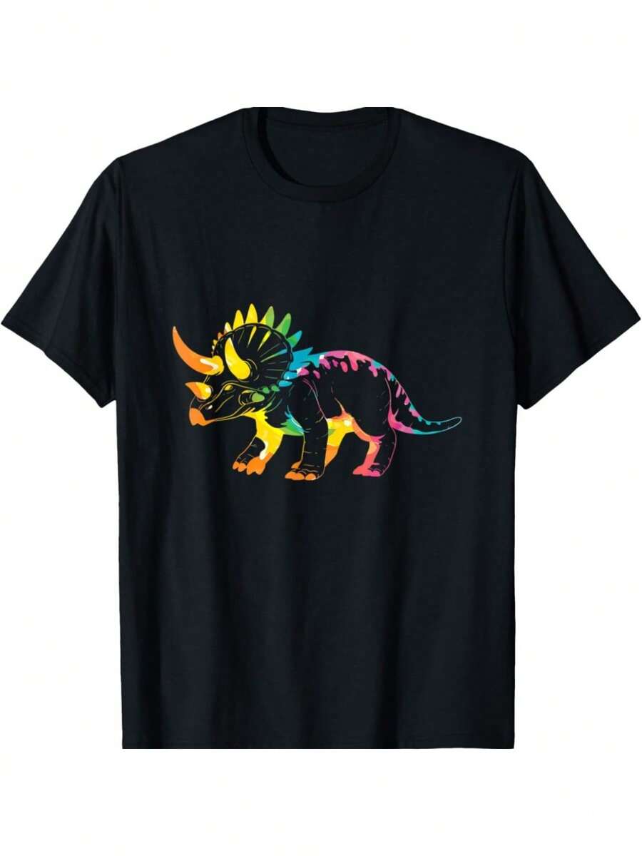 Tie-Dye Triceratops T-Shirt, Prehistoric Dinosaur, Suitable For Men, Soft, Breathable Fabric, Comfortable Short-Sleeved T-Shirt, Perfect For Summer, Ideal For Children's Birthdays And Men's Clothing. - 黑色 - 查看 1