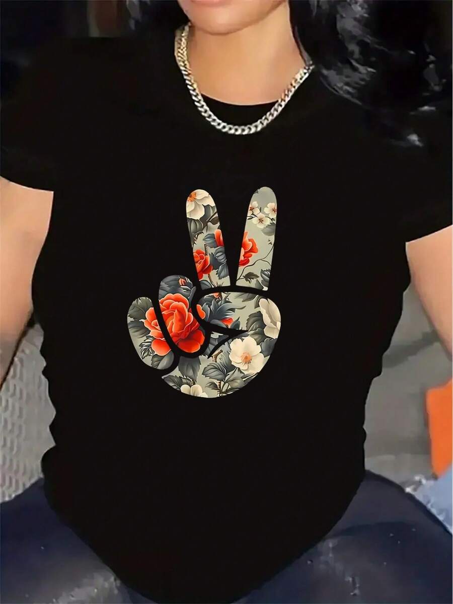 Fashionable Women's Short-Sleeved T-Shirt With Floral Print And Peace Symbol | Lightweight Round Neck, Medium Elasticity, Suitable For Casual Wear At Home, In Cafes Or For Outdoor Activities, Comfortable And Durable, Matches Well With Brightly Colored Fashion Clothes. - 黑色 - 查看 1