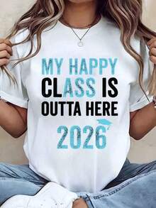Designed For Modern, Stylish, And Comfortable Women. Women's T-Shirt With A Graduation Cap Print, "My Happy Class Is Outta Here." Casual Crew Neck T-Shirt For Women. Great Gift Idea For Graduation Season. 220g. Made With Premium Soft And Breathable Fabric, Designed For All-Day Comfort And Versatile Everyday Wear, Perfect For Casual Outings. - 白色 - 查看 11