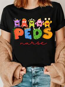 1 camiseta estampada para enfermeras, camiseta para enfermeras de pediatría, regalo para enfermeras, regalo para personal médico, 180g 100% algodón. - Negro - Ver 11