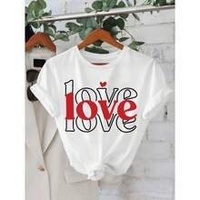 Women's Short-Sleeved Cotton T-Shirt With Love Letter Print, Soft, Breathable, Casual, For Summer, Cute For Valentine's Day, Streetwear For Everyday Wear. - 白色 - 查看 5