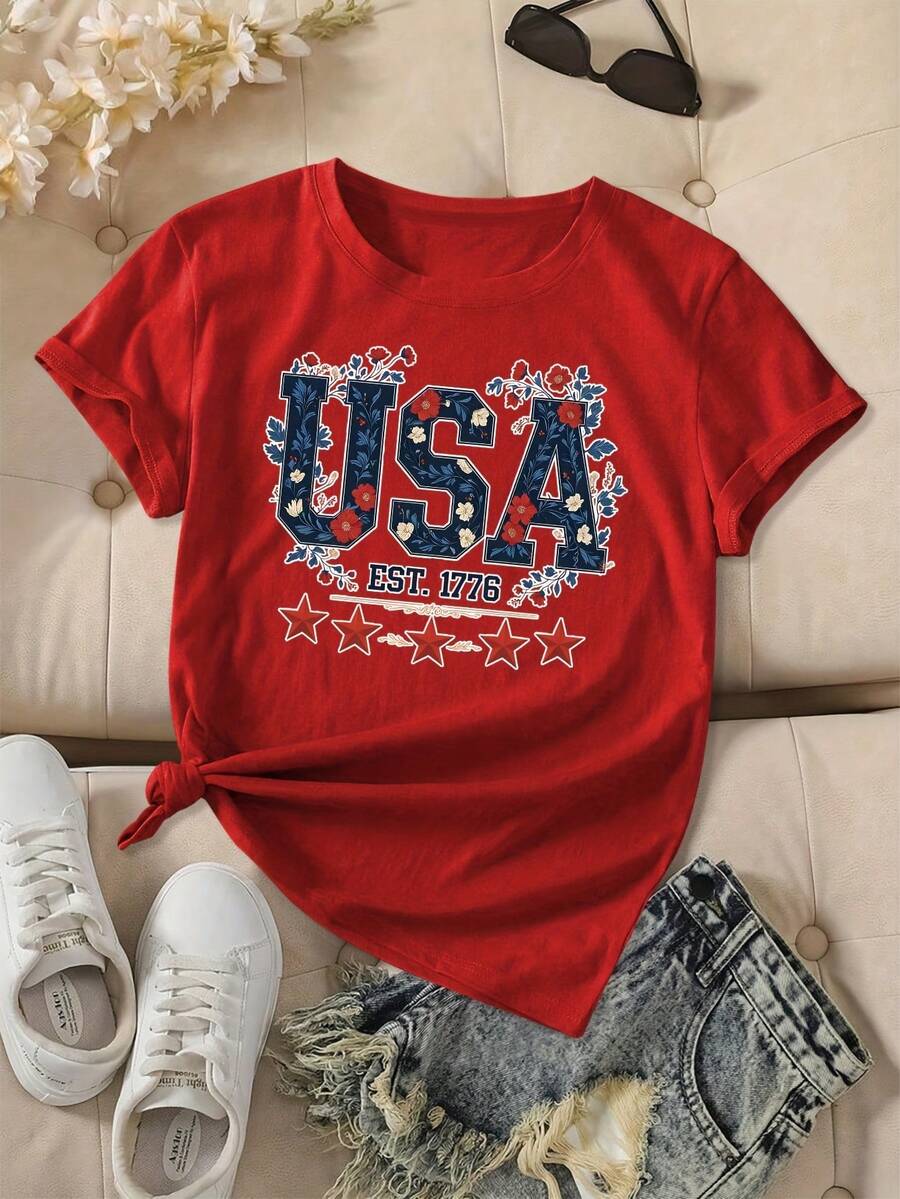 Women's American Patriotic T-Shirt 2026 Vintage 1776 Design - Casual Red Short Sleeve Crew Neck Top, Stars And Stripes Design, All Season Comfort, Machine Washable, American Flag T-Shirt. - 紅色 - 查看 1