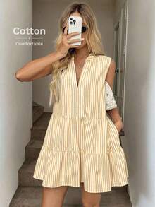Vestido corto bohemio informal de estilo occidental y country con bordados y contraste de colores, sin mangas y escote en V, adecuado para uso diario, ir al trabajo y actividades al aire libre en verano - Amarillo - Ver 12