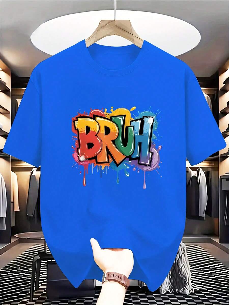 Camiseta de manga corta deportiva para exteriores a la moda para niños de 5 a 16 años, con coloridos patrones de letras para uso casual en verano (otras adiciones no están incluidas)., para adolescentes, para adolescentes - Negro - Ver 1