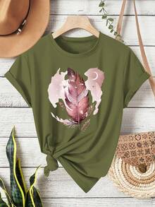 Camiseta de manga corta con cuello redondo, estilo mexicano, estampado de plumas en rosa brillante, estilo retro a la moda, ropa casual deportiva y de fitness para mujer, adecuada para todas las estaciones--Ligera y transpirable. - Blanco 1 - Ver 8