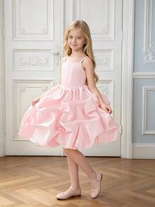 Vestido de princesa elegante de tul con tirantes de satén para niñas jóvenes, adecuado para recitales de piano, ceremonias de graduación, no incluye diadema - Rosa Pálido - Ver 1
