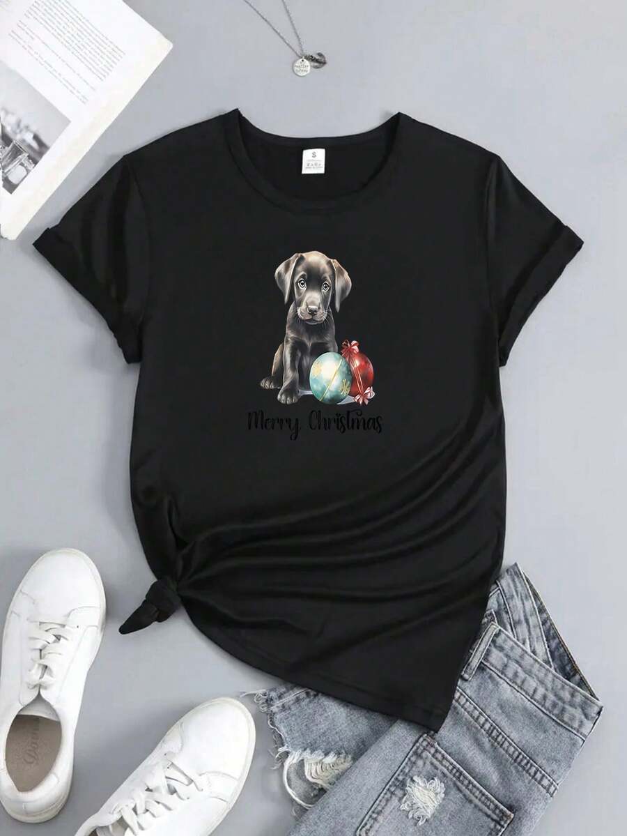 Camiseta de mujer, 1 pieza, camiseta deportiva casual para mujer con estampado de Golden Retriever, cuello redondo, manga corta. - Negro - Ver 1