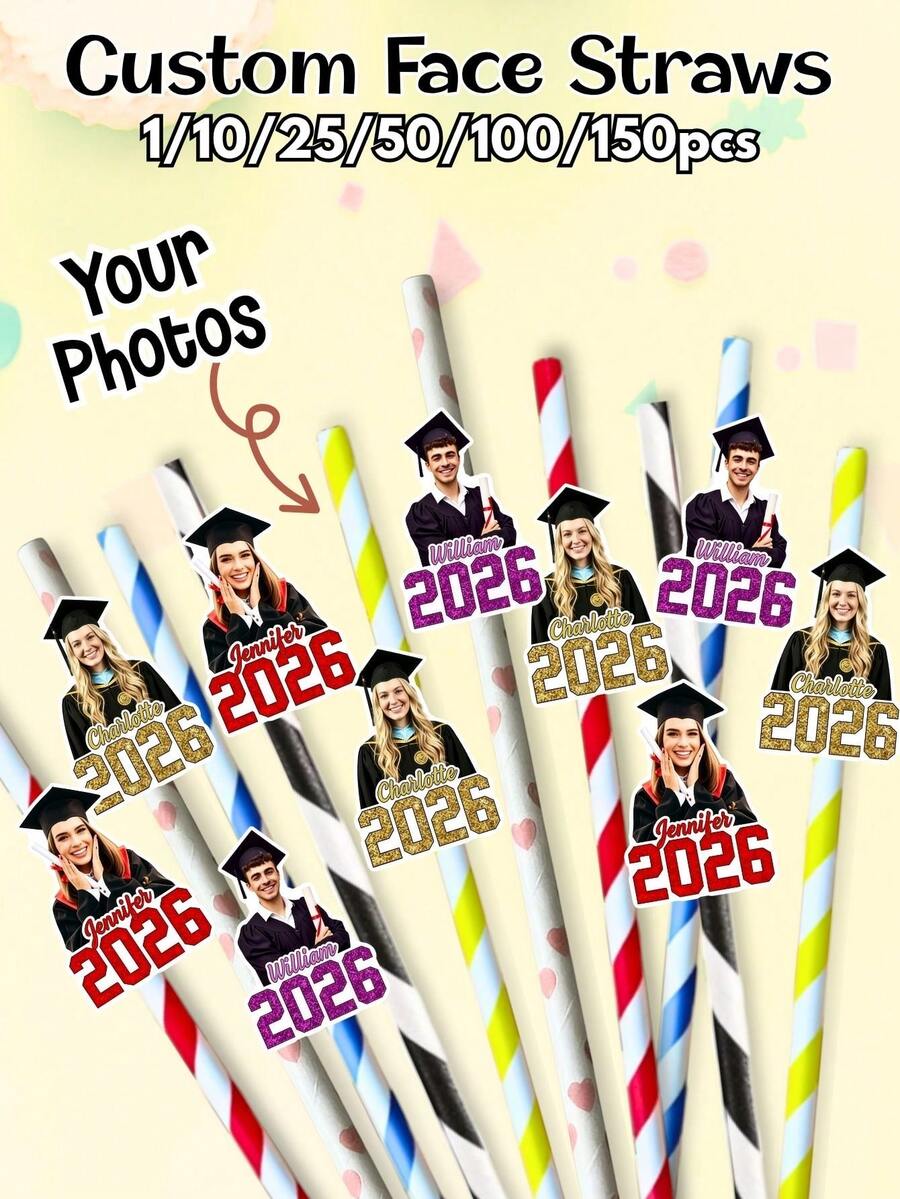 Pajitas personalizadas con sombrero de graduado - Fotos recortadas personalizadas, completas con pajitas y accesorios para que las adjuntes - Diversión para la fiesta de graduación, decoración de bebidas, accesorios de taza de graduación - Multicolor - Ver 1