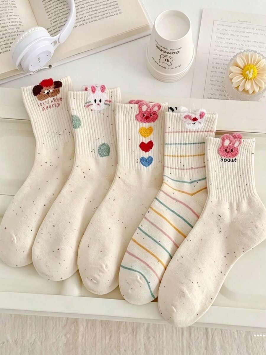 5 đôi tất dài đến bắp chân hình hoạt hình dễ thương dành cho nữ, kiểu dáng học sinh mùa xuân/thu, thoáng khí, họa tiết gấu. - Nhiều màu - Xem 1