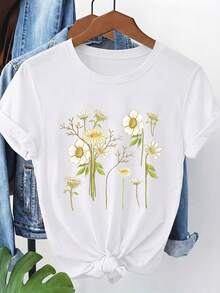 Camiseta de mujer, de manga corta y cuello redondo, con estampado floral de margaritas blancas y hojas verdes, lavable a máquina, adecuada para uso casual, ropa versátil, camiseta moderna y a la moda, material cómodo, para entusiastas de la moda. L4F1 - Blanco - Ver 6