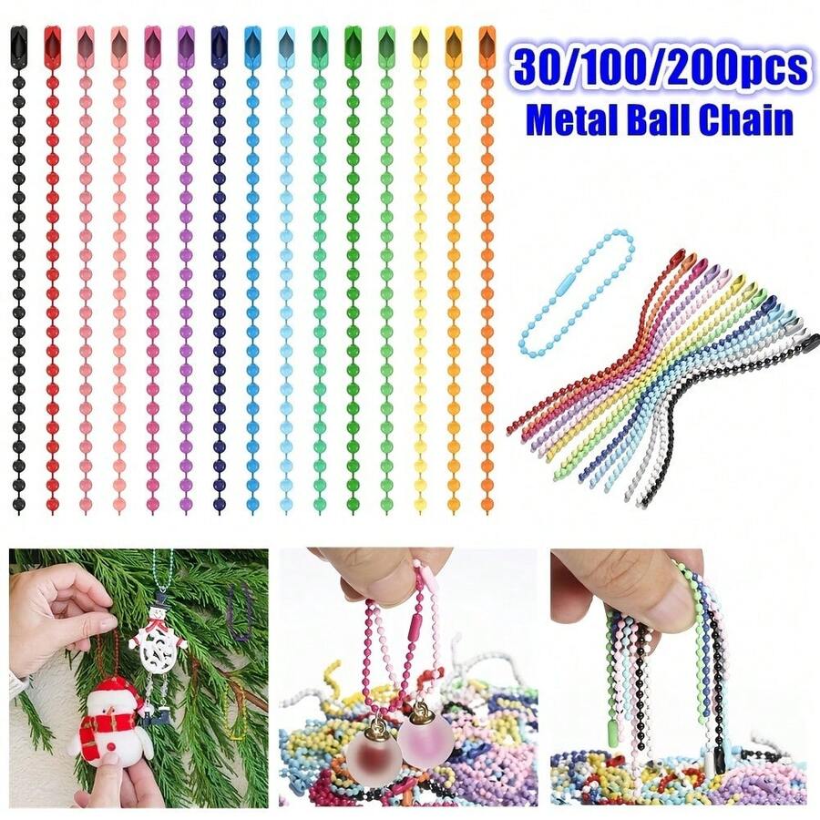 30/100/200pcs Colorful Beaded Chain Mixed Metal Ball Chain With Connectors, Suitable For DIY Keychains, Tags, Pendants, Wallet Crafts - 10cm Colorful Beaded Necklace - View 1
