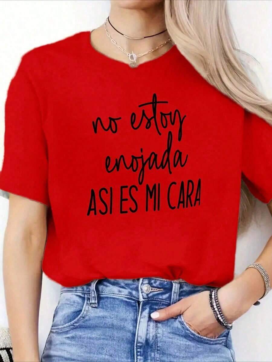 short sleevesPlayera camiseta basica estampada grafica dama mujer manga corta cuello redondo estampado frase frases chusca chistosas graciosas letra letras cursiva manuscrita no estoy enojada asi es mi cara ironia meme gym gimnasio ejercicio aesthetic regular casual comoda fresca ligera suave moderna juvenil romantica bohemia salida casa diario dia playa calor primavera verano oficina versatil creativaLeisure - Rojo - Ver 1