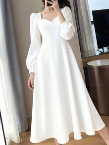 Vestidos largos de mujer Hepburn vintage cuello en v largo temperamento vestidos largos - Blanco - Ver 3