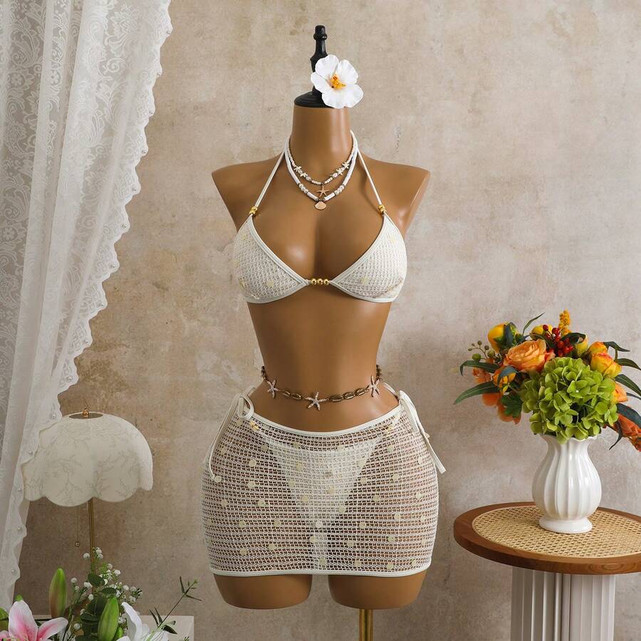 Nuevo Bikini Americano Retro de Malla con Lentejuelas, Traje de Baño de Tres Piezas 2026 - sy003 Albaricoque - Ver 1