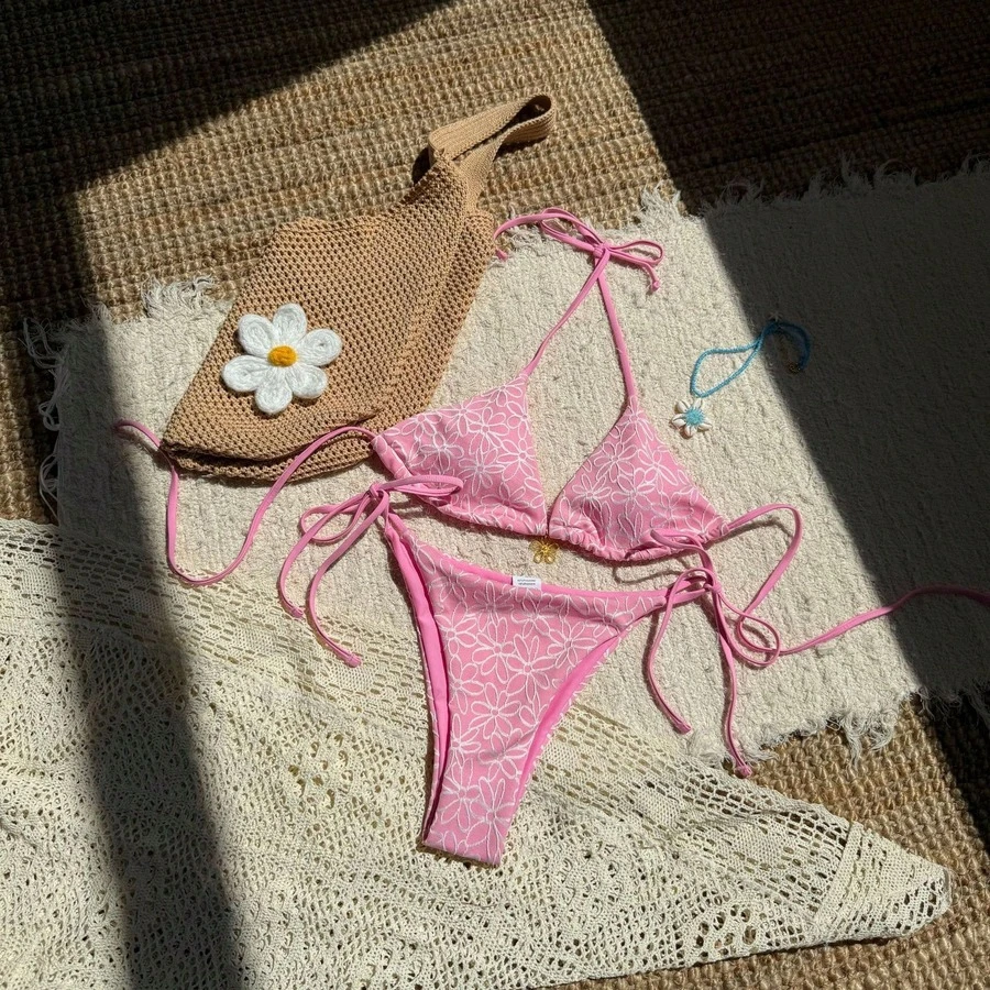 Nuevo y sexy traje de baño de dos piezas para mujer, con cuello halter y lazos, traje de baño más vendido. - 9306 Bikini rosa - Ver 1