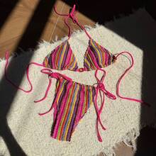 New Sexy Bikini With Adjustable Straps And Jacquard Color Block Design. - Hot Pink - View 9