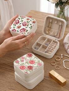 Vintage Print PU Leather Mini Jewelry Storage Box (10x10x5cm) - Portable Travel Jewelry Box, Multi-Compartment Interior Design With Ring Roll, Earring Slots And Necklace Hooks, Velvet Lining Zipper Closure, Lightweight, Ideal Gift For Sisters, Mothers, Teachers, Bridesmaids - Retro Print - View 1
