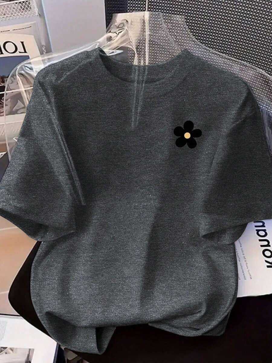 Camiseta de manga corta de talla grande para mujer con bordado de margaritas - Blusa de cuello redondo de corte holgado - Top compatible| Camisa de manga corta, cómoda y moderna, adecuada para uso diario, atuendos universitarios, citas y para usar en capas, diseño lavable a máquina. - Gris - Ver 1
