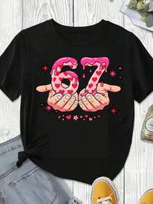 Elegante y casual para mujer, manga corta, linda camiseta para el Día de San Valentín, números 67 en rosa caramelo con estampado de corazones y estrellas, ropa casual blanca para primavera y verano. - Negro - Ver 3