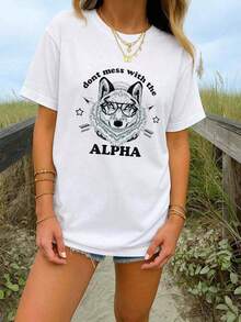 Nuevas llegadas para el verano. Camiseta de mujer con estampado de lobo "No te metas con el Alfa" – Camiseta de cuello redondo con estampado de lobo genial con gafas, blusa casual de estilo urbano, camisa > Hermosa. - Blanco - Ver 7