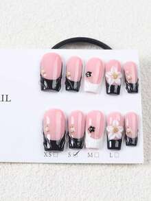 10pcs Elegant Square Nail Stickers, Nude Pink False Nails With Black French Tips, Decorated With 3D White Flowers, Small Black Flowers And Gold Beads, Glossy Luxurious Feminine Style, Reusable, Suitable For Daily Wear, Dates And Parties, Great Gift For Women And Girls - Follow Your Heart - View 3