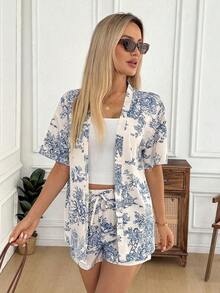 Conjunto de kimono de algodón blanco con arrugas + shorts, conjunto casual de vacaciones para primavera/verano - Multicolor - Ver 3
