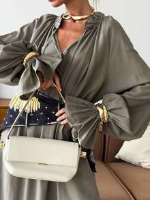 Vestido de lino estilo francés tierno 2026, cuello V, manga larga, cintura ajustada con lazos y abertura lateral, diseño elegante y delicado. - Verde - Ver 5