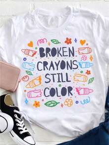 Camiseta Blanca para Mujer 100% con Diseño Divertido de Manchas de Crayón - Diseño Artístico de Inspiración para Colorear Digitalmente, Patrón de Crayón y Corazón, Ropa Casual Cómoda para Uso Diario, Regalo para Maestras, Atuendo para Fiestas - Blanco - Ver 8