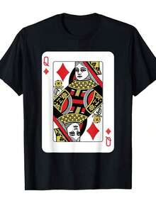 Camiseta Gráfica Queen Of Diamonds Aying Card Estilo Streetwear Vintage Cómoda de Algodón con Cuello Redondo y Manga Corta para Hombres y Mujeres Negra con Detalles Rojos y Dorados Ropa Casual Cómoda - Negro - Ver 6