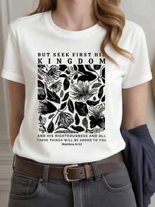 Camiseta de cuello redondo de manga corta con estampado floral y de letras, camisetas gráficas de verano casuales para mujeres - Blanco - Ver 6