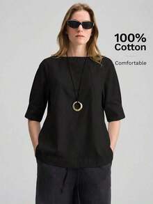 2026SS Nueva blusa de mujer, atuendo de vuelta al colegio, estilo campestre, casual de oficina, cita nocturna, aeropuerto, uso de fiesta, unicolor de verano con hombros descubiertos y manga corta, tela tejida, adecuada para el Día de San Valentín, t - Negro - Ver 1