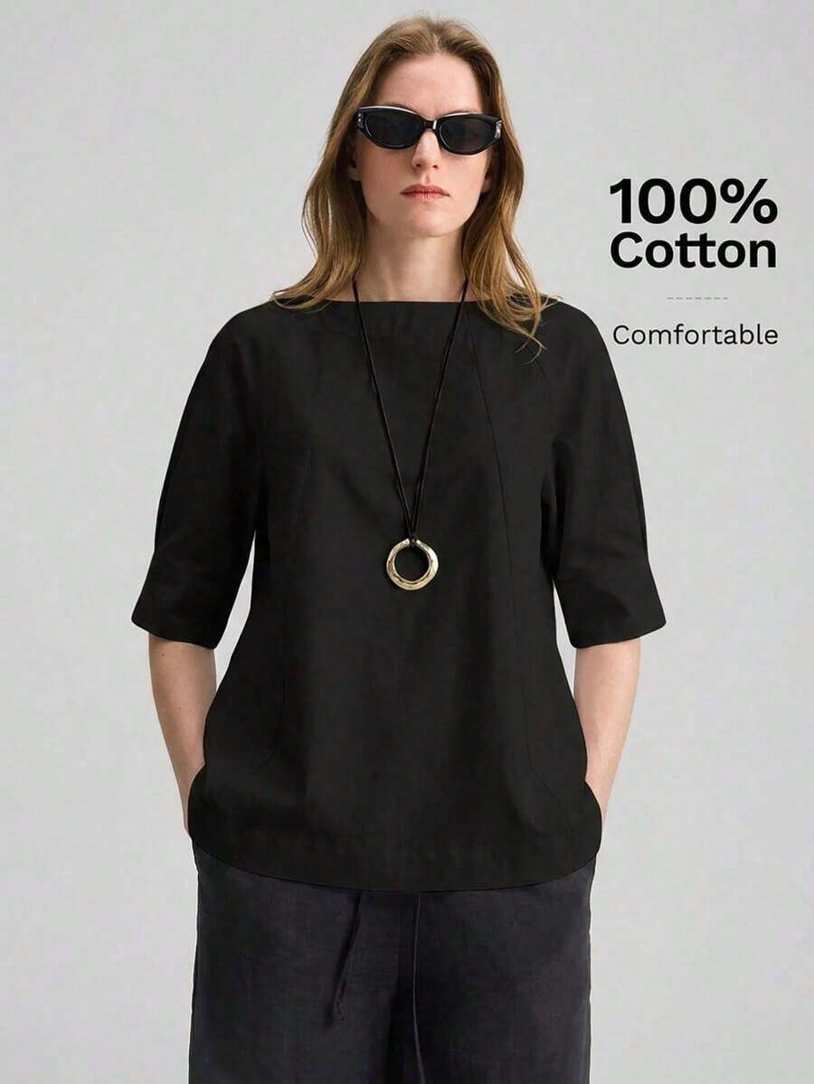 2026SS Nueva blusa de mujer, atuendo de vuelta al colegio, estilo campestre, casual de oficina, cita nocturna, aeropuerto, uso de fiesta, unicolor de verano con hombros descubiertos y manga corta, tela tejida, adecuada para el Día de San Valentín, t - Negro - Ver 1