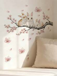 Fresh Watercolor Flower Branch Wall Stickers, Cherry Blossoms, Cute Rabbits, Swallows, Butterflies Optional, PVC Waterproof Self-Adhesive Paper, DIY Wall Decoration For Bedroom, Living Room, Spring Flowers - Wall Stickers - View 12