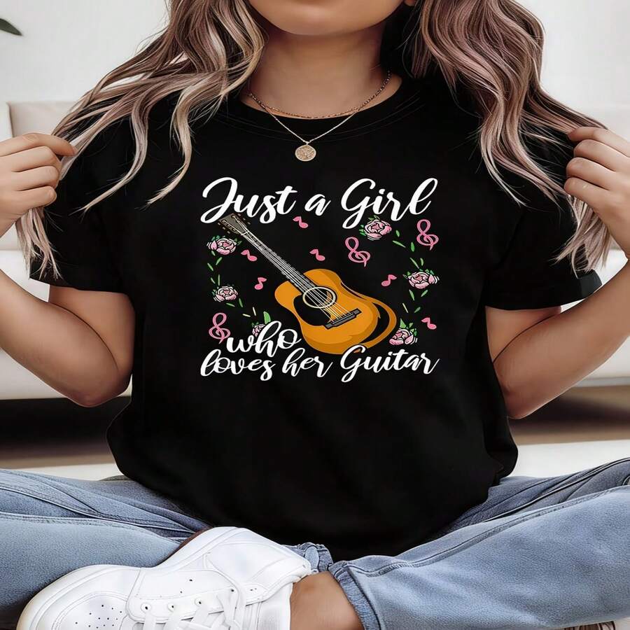 Camiseta informal de mujer de algodón con cuello redondo y manga corta, con estampado gráfico de guitarra. - Negro - Ver 1