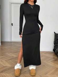 Vestido ceñido de manga larga con cuello redondo, abertura en el muslo y unicolor - Negro - Ver 5