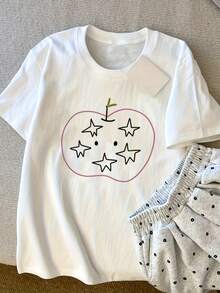 Women's Short-Sleeved T-Shirt, Personalized, American Retro Style, With Star And Apple Print, Pure Cotton, Breathable, Slim Fit For Summer - Urban Vintage Style, Unisex, Loose Fit, Cotton, Round Neck. - 白色 - 查看 6