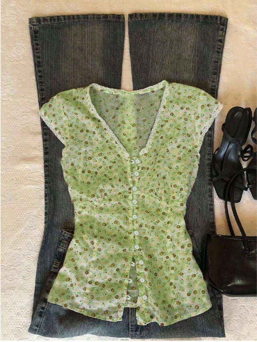 Camiseta de manga corta con botones y estampado de lunares con encaje de contraste para mujer - Multicolor - Ver 1
