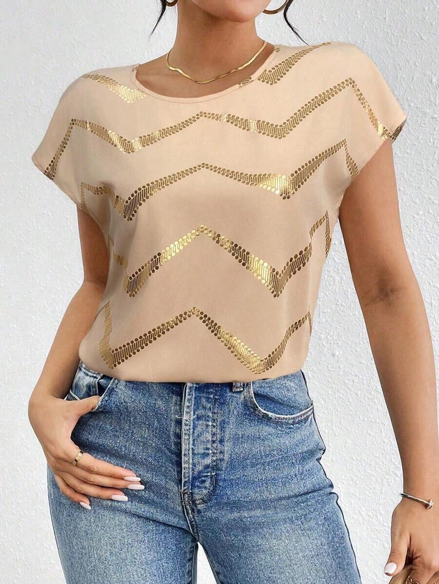 Blusa de mangas tipo murciélago de satén de unicolor, blusas de manga corta - Albaricoque - Ver 1